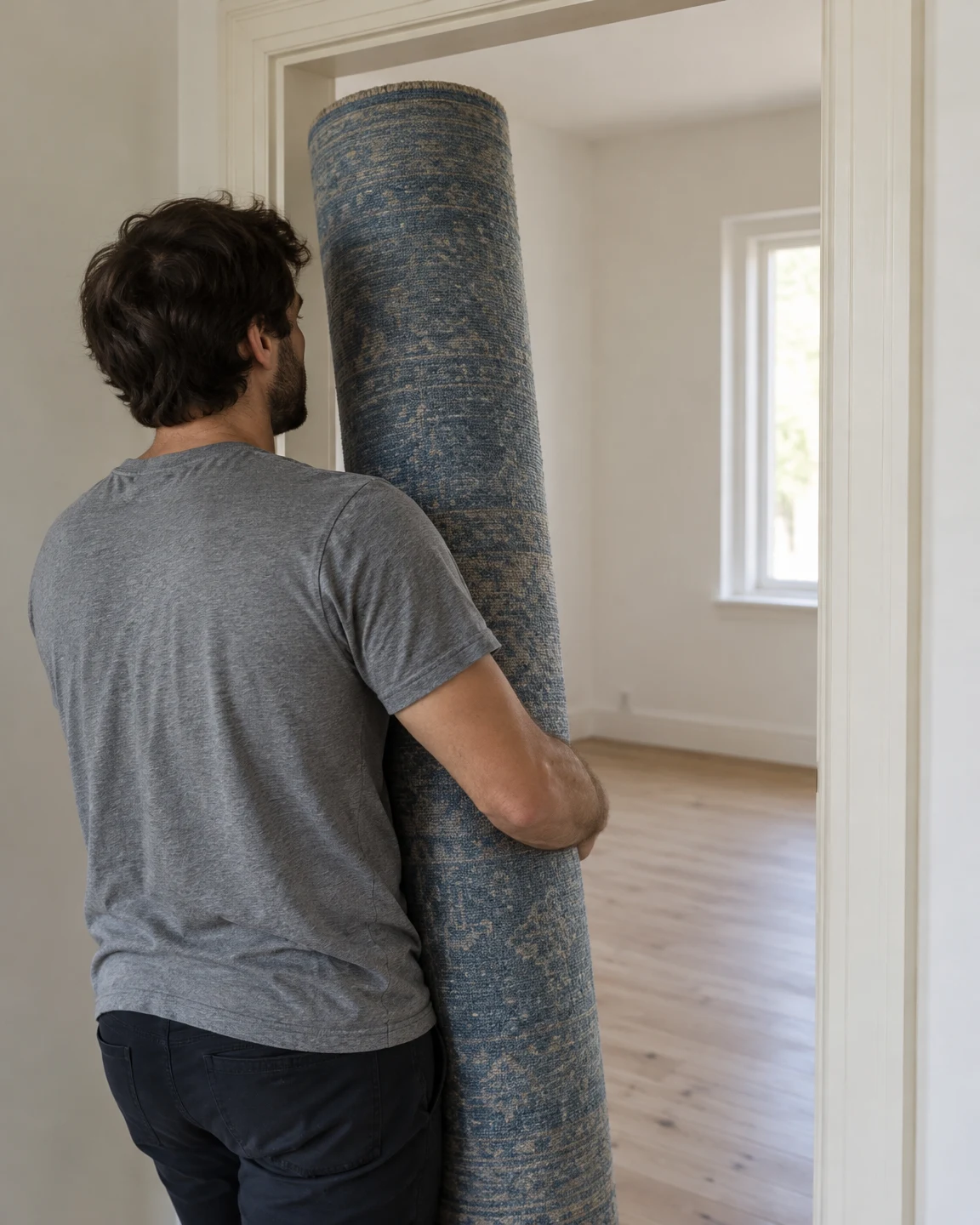 A person in a grey T-shirt carries a tall faded blue rug through a cream-painted doorway into an empty room with a pale wooden floor and a window.