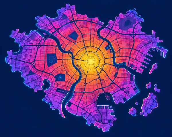 An overhead schematic city map on a deep navy background, with a golden concentric center fading through orange and coral to pink and violet neighborhoods…