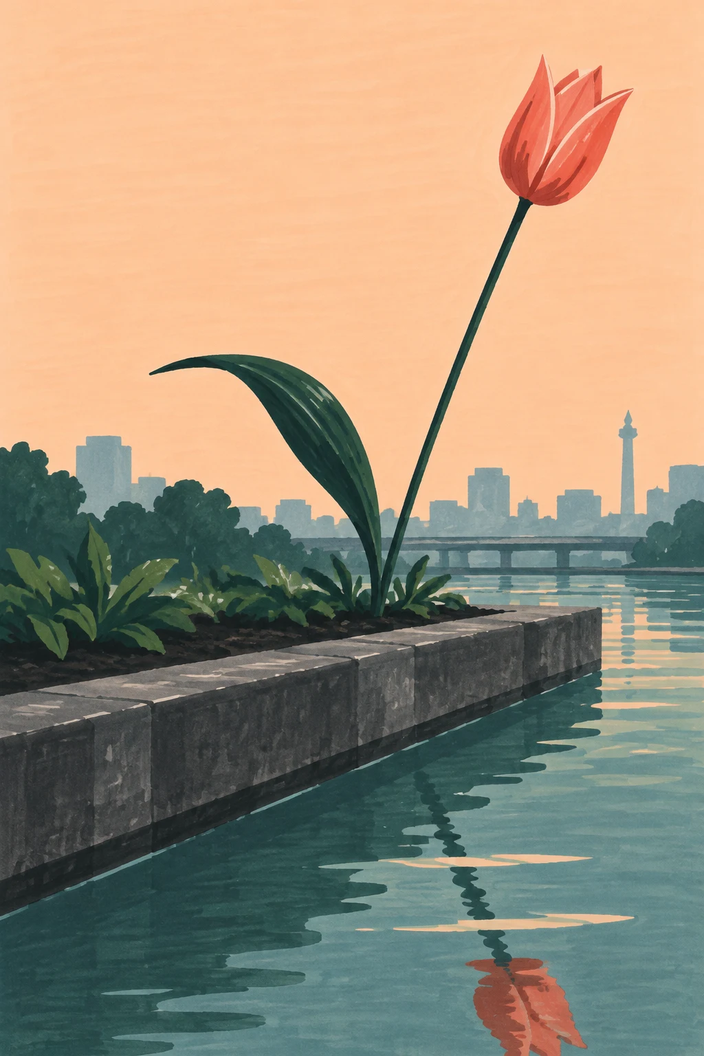 A large coral tulip with a long dark-green stem and sweeping leaf rises from a planted strip beside a concrete canal.