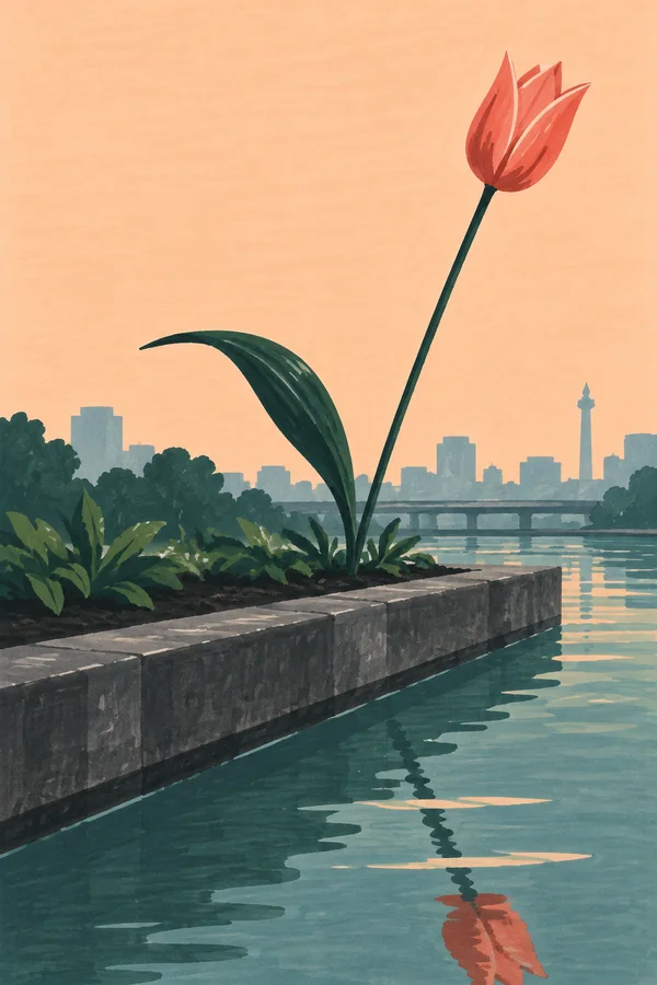 A large coral tulip with a long dark-green stem and sweeping leaf rises from a planted strip beside a concrete canal.