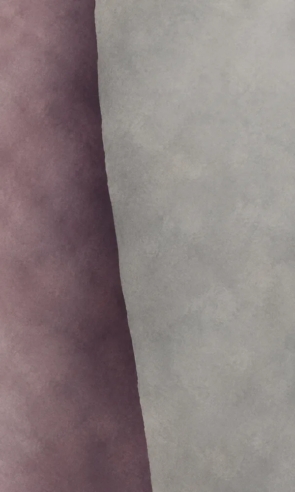 Portrait abstract artwork with a broad cool-grey textured field on the right and a muted aubergine-to-dusty-mauve field on the left, divided by a gently…