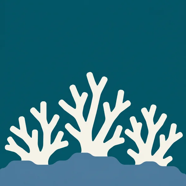 Three chalk-ivory branching coral formations rise from a slate-blue seabed ledge against a deep-teal background, with open space above.