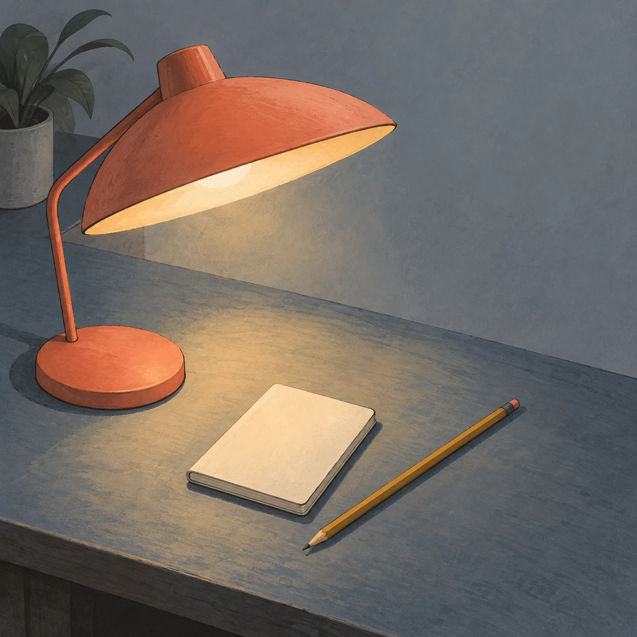 A coral desk lamp casts warm light over a closed cream notebook and a long ochre pencil on a blue-grey desktop, with a potted plant partly visible at the upper…
