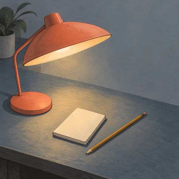 A coral desk lamp casts warm light over a closed cream notebook and a long ochre pencil on a blue-grey desktop, with a potted plant partly visible at the upper…
