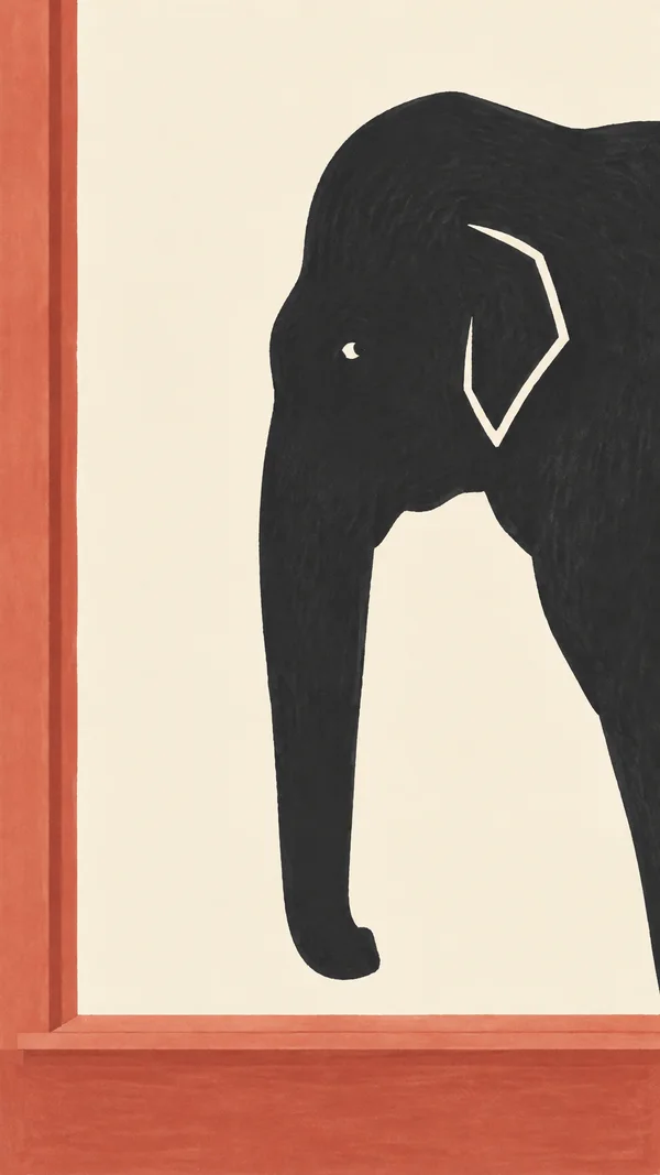 A hand-drawn charcoal elephant faces left outside an open window, its long trunk hanging above a muted-coral sill.