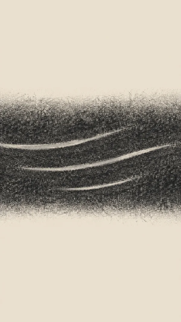 A portrait abstract graphic with a dense, mottled charcoal band across a pale sand background and three pale curved channels running through the band.