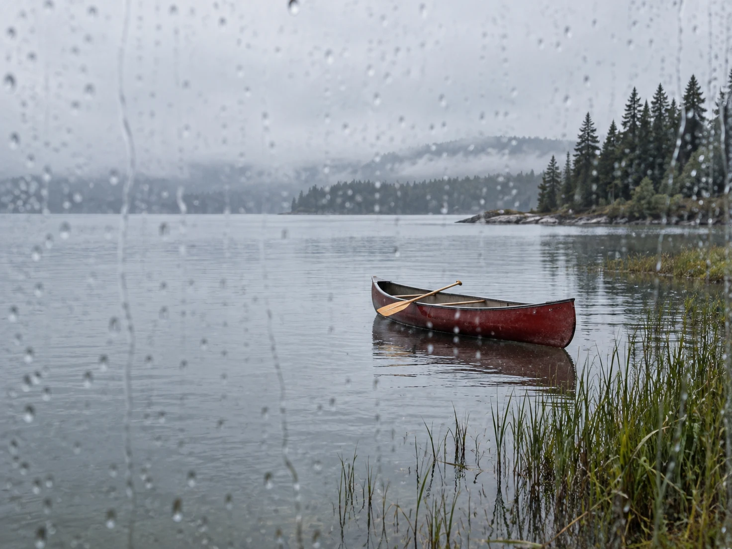 An empty red canoe with a paddle resting across it floats on a grey-green lake, seen through a rain-speckled window.