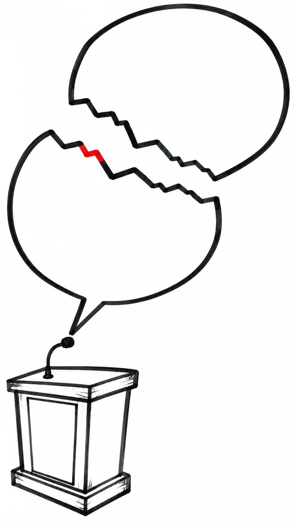 A black marker illustration of a tall, box-shaped lectern with a small gooseneck microphone beneath an enormous empty speech balloon split diagonally into two…