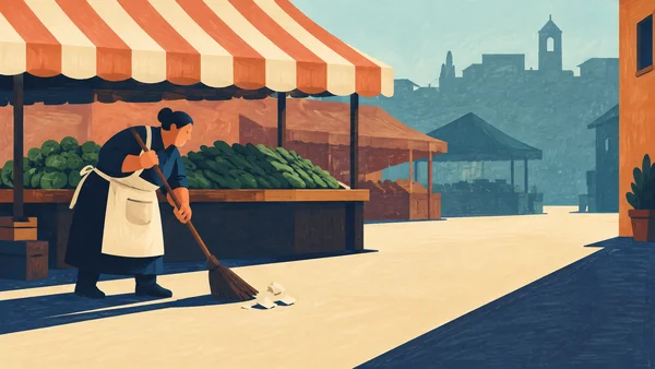 A market vendor in a dark outfit and light apron sweeps pale paper scraps across a broad cream-colored street beside a produce counter piled with green…