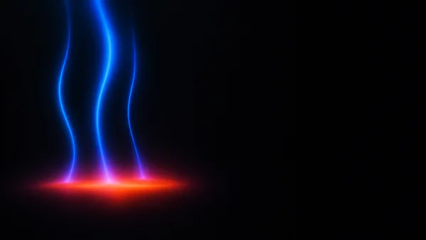 Three softly glowing blue trails curve down into a low, elongated red-orange glow against a near-black background, with a large empty area on the right.