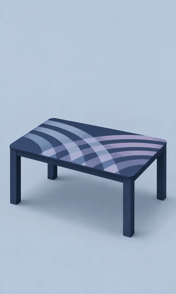A rectangular dark navy dining table in elevated three-quarter view stands against a pale blue-gray background, with intersecting curved lavender and blue…