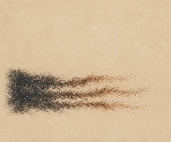 A dense charcoal-colored granular field below center spreads from an irregular left edge into several thin, rust-toned trails that fade across a warm…