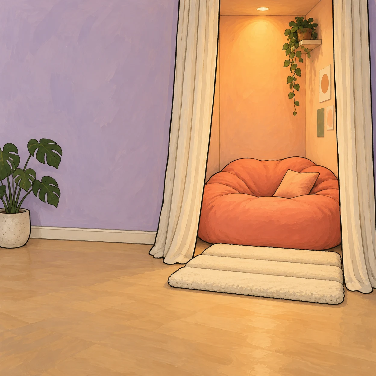 A large coral floor cushion sits inside a warmly lit curtained alcove, with a cream ridged mat in front.