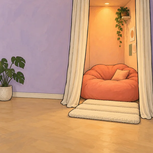 A large coral floor cushion sits inside a warmly lit curtained alcove, with a cream ridged mat in front.