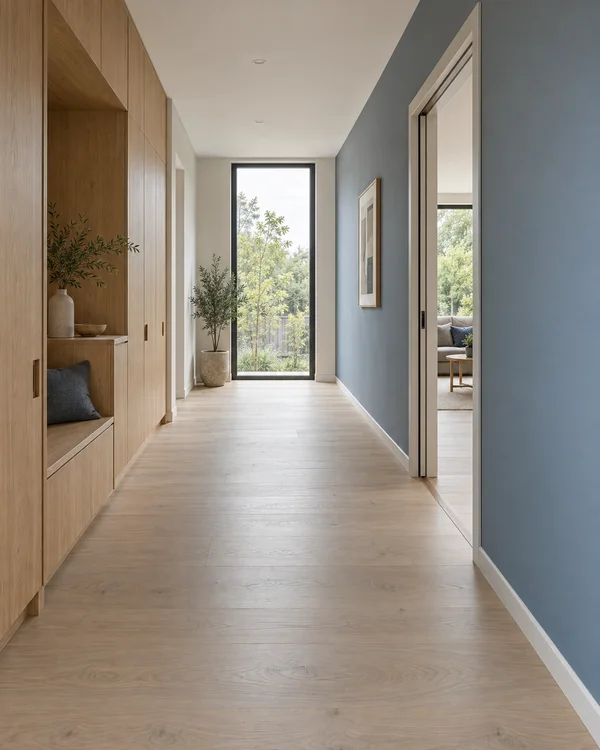 A bright renovated hallway with pale oak built-in cupboards and a recessed bench along the left wall, leading to a tall window overlooking greenery.
