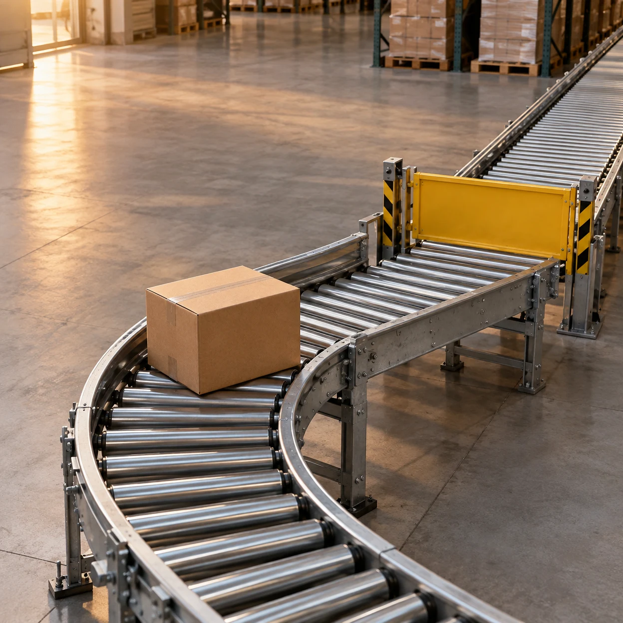An unmarked kraft carton sits on a curved steel roller conveyor that bends around a closed yellow safety gate in a warehouse, with pallet shelving and a sunlit…