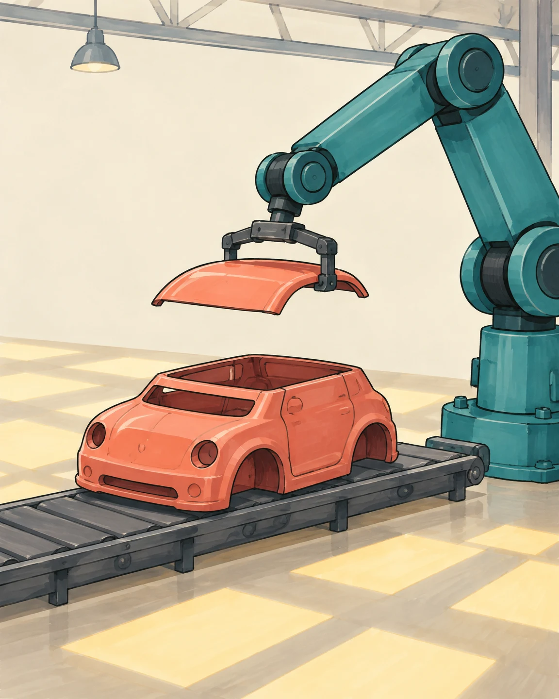 A teal industrial robotic arm at the right holds a coral car roof panel above a matching open-topped car body on a dark conveyor.