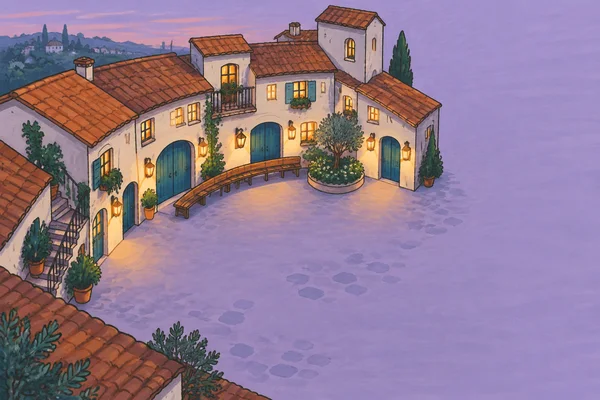 A hand-drawn illustration of a cream-walled, terracotta-roofed courtyard building at dusk, with teal doors, glowing amber lamps, a curved wooden bench, a…