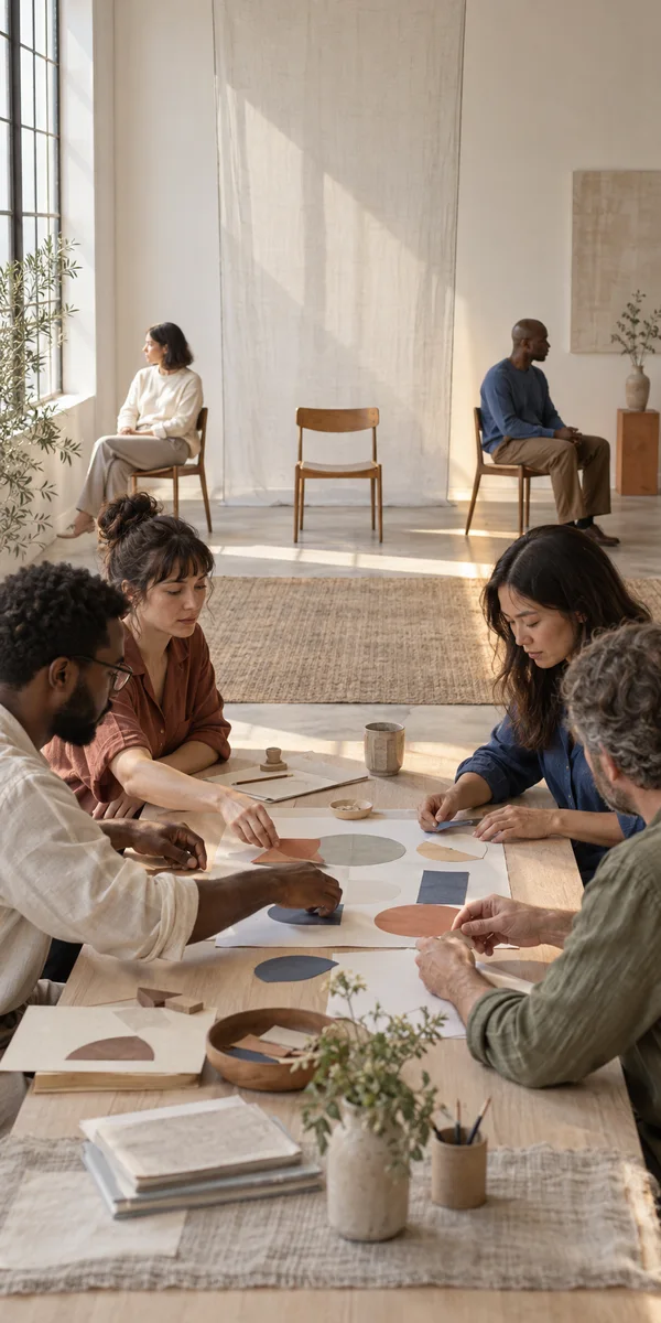 A group of adults arranges colored paper shapes around a pale-wood table in a sunlit classroom.