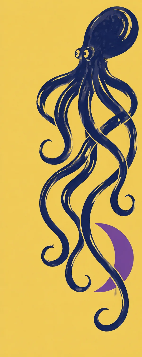 A dark indigo octopus with a large rounded mantle and prominent eyes looking left, its long curling arms extending down across a muted yellow background beside…