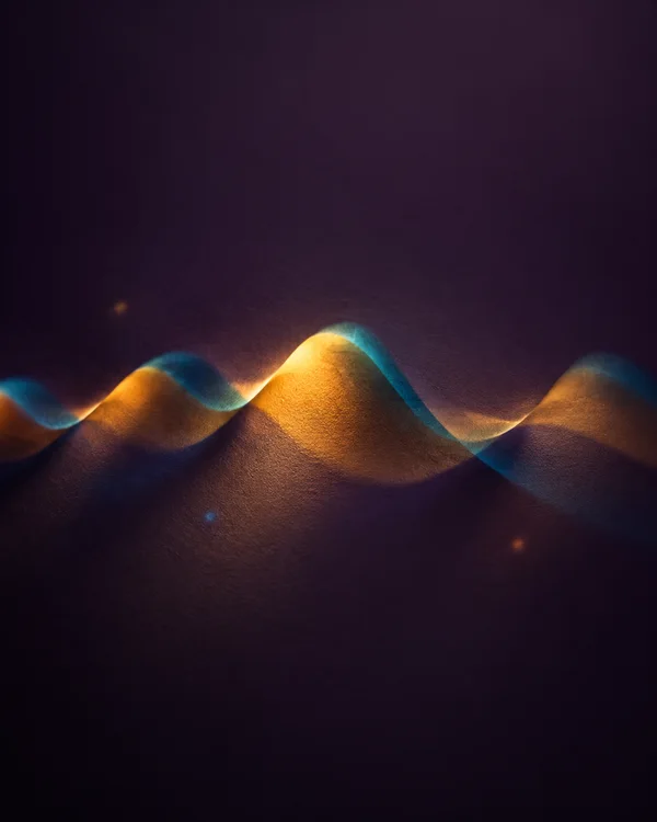 A softly glowing amber and cyan wave of overlapping shadows crosses the lower middle of a textured deep-plum surface, with three faint colored flecks nearby…