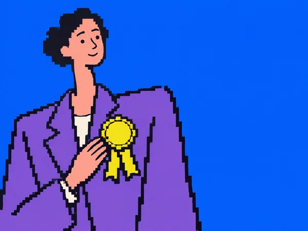 A stylized delegate with short dark hair, a long neck, and an oversized violet blazer stands against a bright blue background.