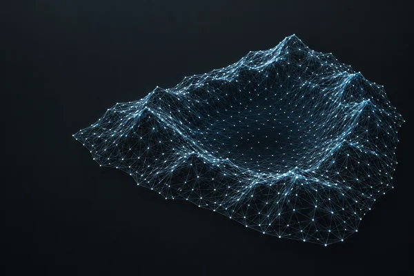 An isolated irregular terrain patch made of pale cyan nodes and steel-blue triangulated filaments forms raised ridges around a dark central basin against a…
