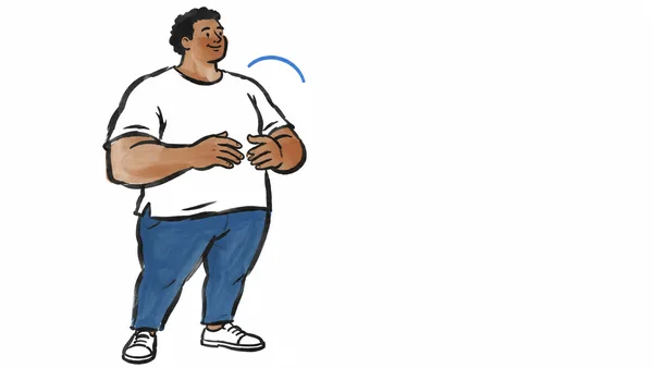 A smiling person in a white shirt, blue trousers and sneakers stands against a white background, holding both hands near the lower chest; a blue arc curves…