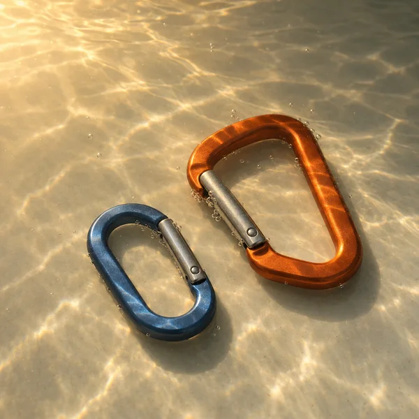 Two anodized-aluminum carabiners, one large rust-orange D shape and one smaller slate-blue oval, lie on a warm, rippled tank floor under amber light.