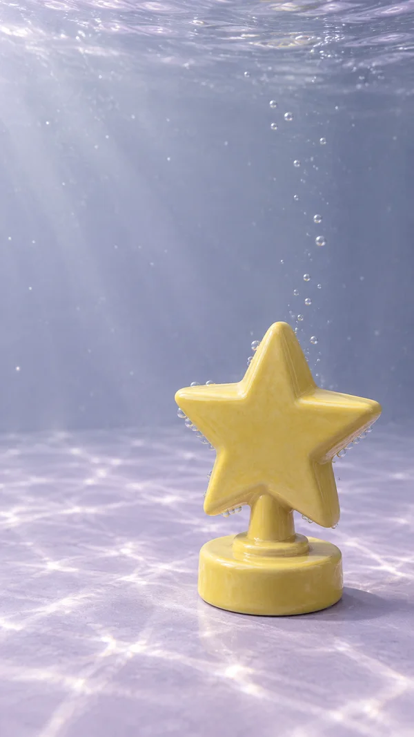 A glossy butter-yellow ceramic trophy with a chunky five-point star, short stem and round pedestal stands on a pale lavender floor underwater, with bubbles…