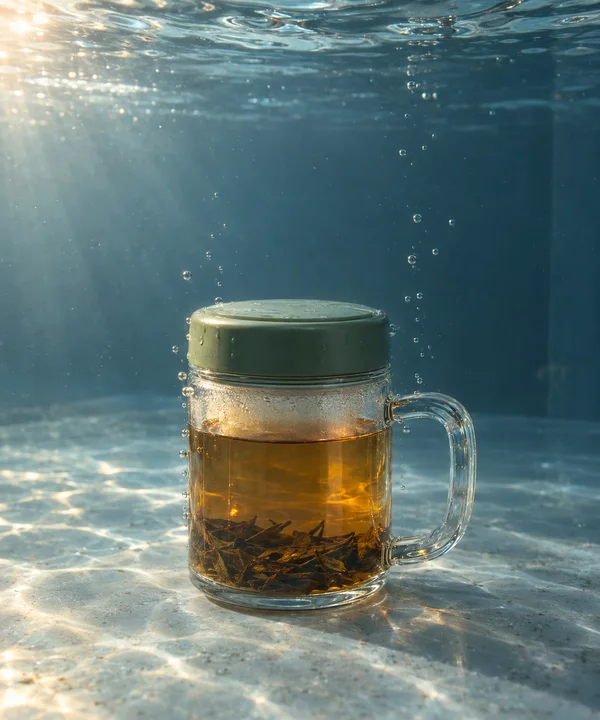 A clear glass tea mug with a broad handle and dark sage-green lid sits on a pale blue-grey tank floor underwater.