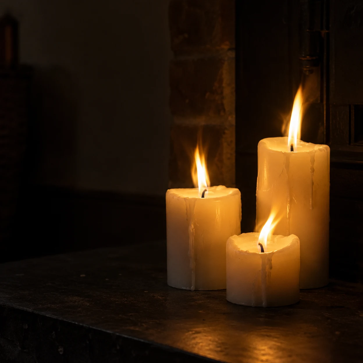 Three ivory pillar candles of uneven heights, with softened rims and wax drips, burn on a dark hearth ledge.