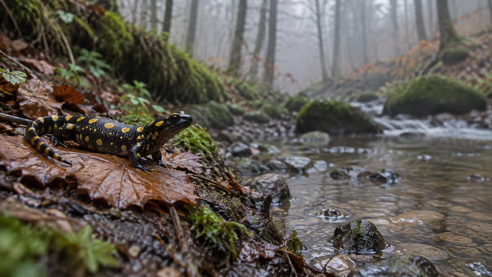 A black salamander with yellow spots rests on a wet copper-brown leaf beside a shallow woodland stream, with mossy stones and a softly blurred, misty forest…