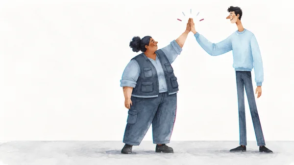 A shorter adult in a slate utility vest and a very tall adult in an ice-blue sweater meet palms in a high-five against a white paper-textured background, with…