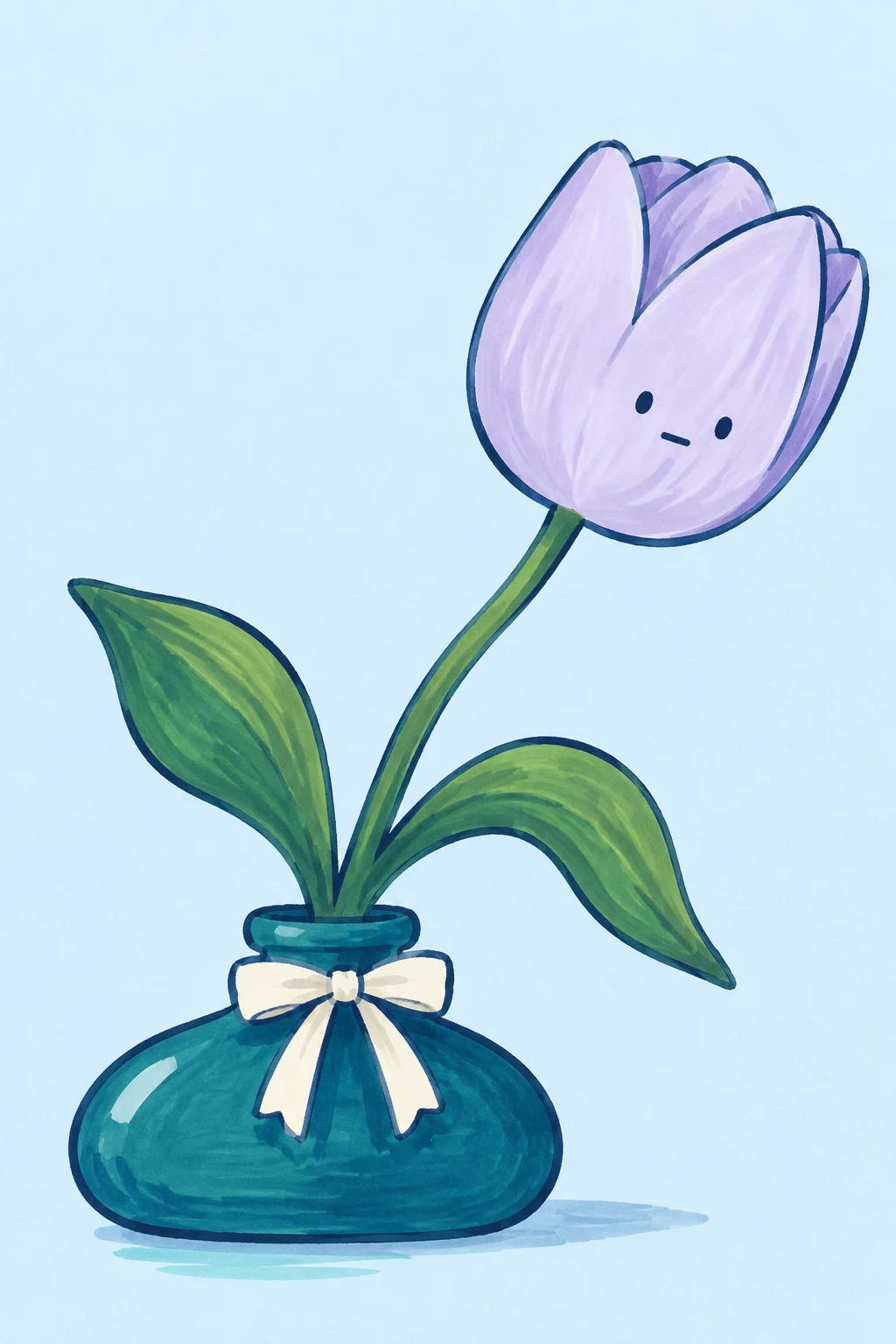 A pale-lilac tulip with two dark eyes and a short neutral mouth rises on a curved green stem from a wide teal vase tied with an ivory bow.