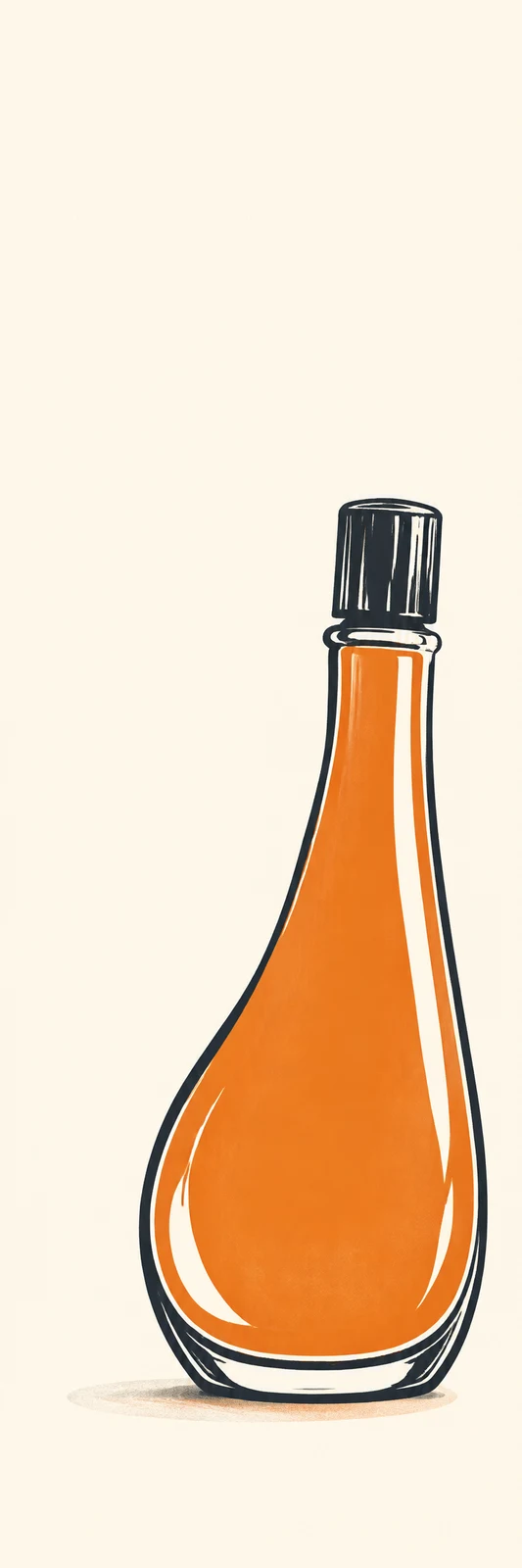 A large orange nail-polish bottle with a dark ribbed cap stands on a cream background, with a faint oval shadow and ample empty space above and to the left.