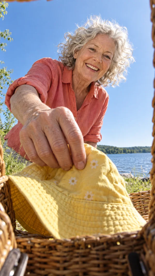 A smiling older woman with wind-tousled silver curls leans over a wicker picnic basket beside a lake, lowering a yellow sunhat with white flower motifs toward…