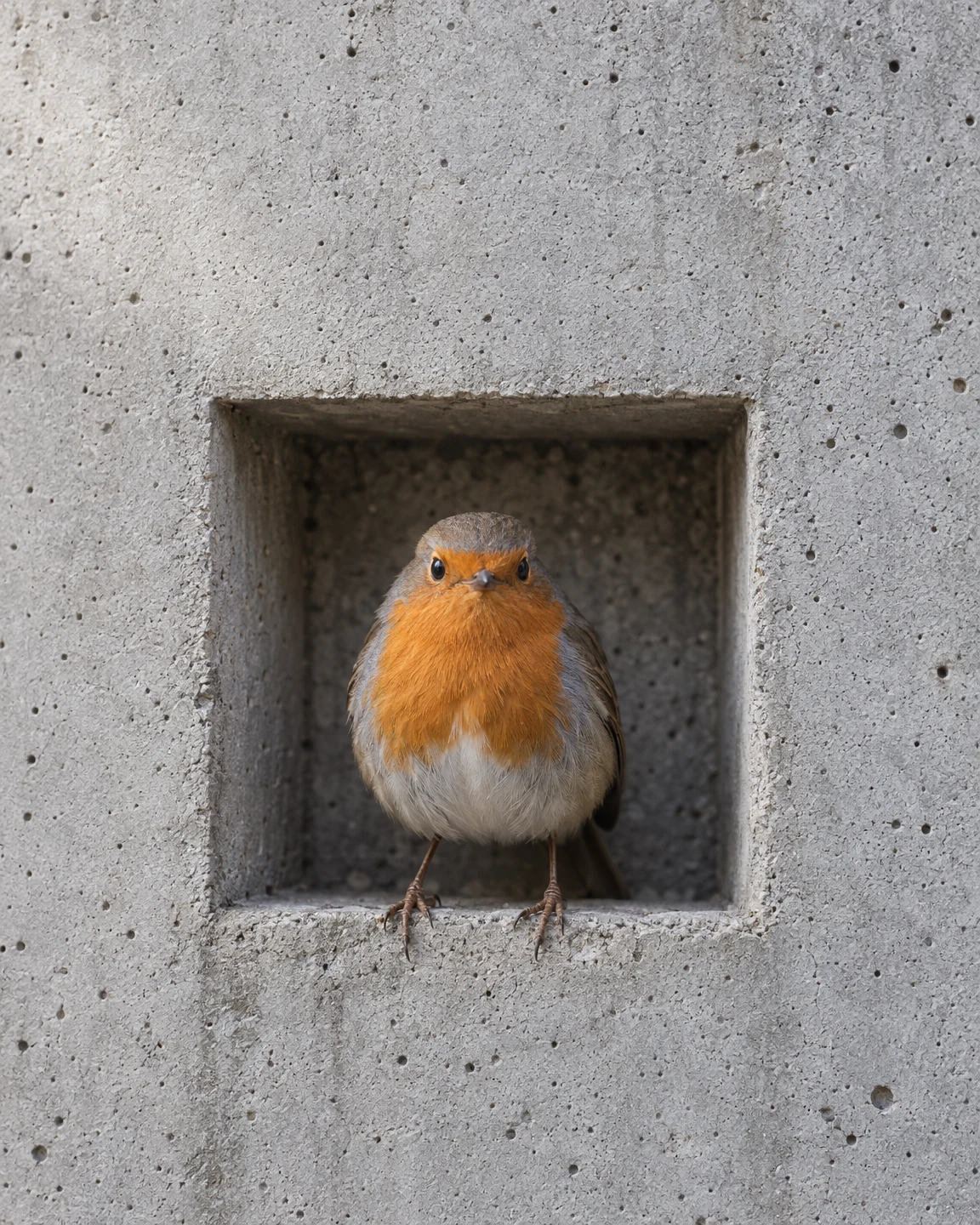 A European robin faces the camera from the lower edge of a square recess in a pale, pitted concrete wall, with its orange breast centered against the dark…