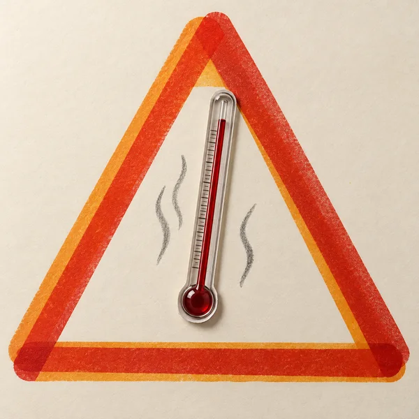 A glass thermometer with a high red column is pasted inside a large overlapping amber and vermilion warning triangle on warm ivory paper, with graphite…