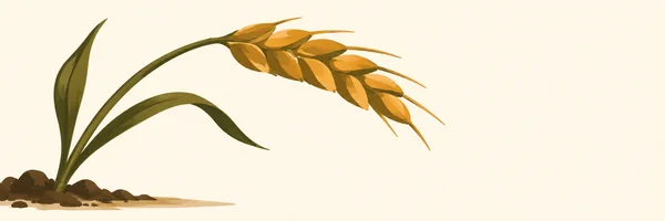 A long olive-green wheat stalk rises from a dark, uneven strip of earth at the lower left and bends beneath a large golden ear, with two sweeping leaves…