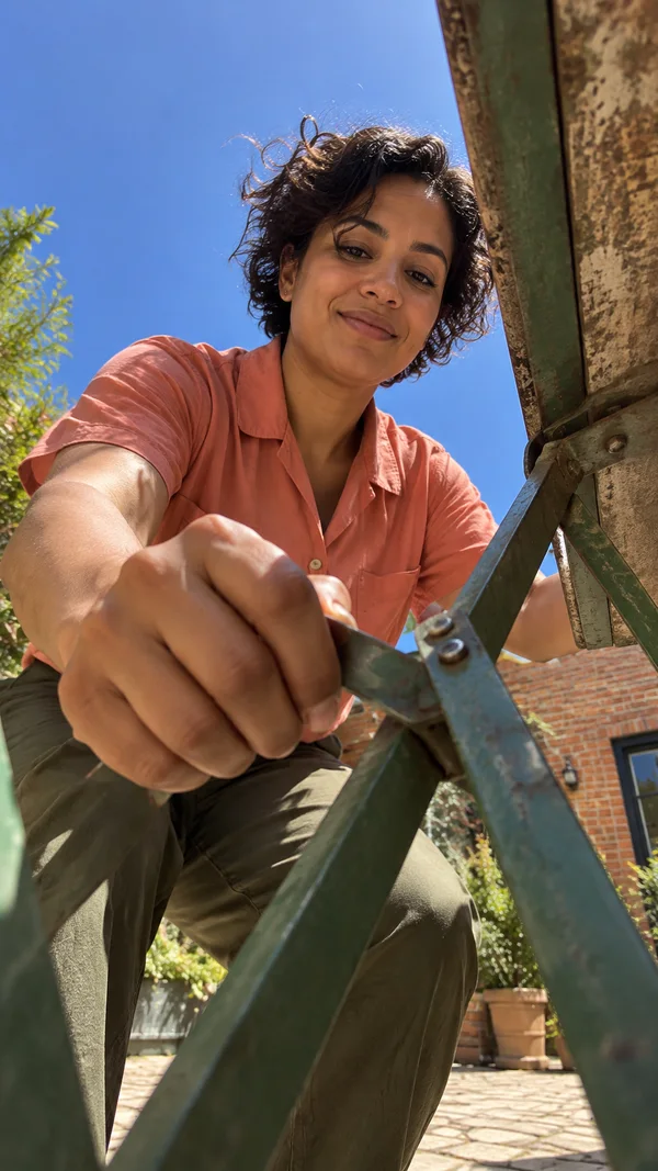 A woman in a coral shirt and olive trousers leans over a weathered folding table, gripping its green metal brace in a sunlit brick courtyard.