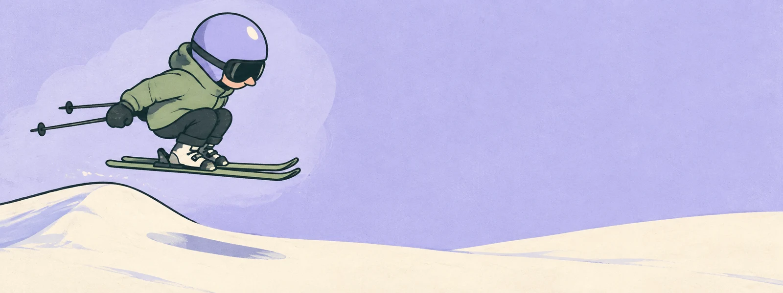 A skier in a lilac helmet and sage jacket crouches in midair above a rounded snow lip, with parallel skis and two poles trailing behind; cream snow lies…