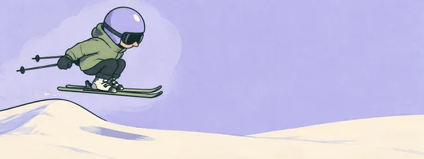 A skier in a lilac helmet and sage jacket crouches in midair above a rounded snow lip, with parallel skis and two poles trailing behind; cream snow lies…