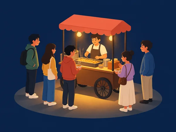 A warmly lit street-food cart with a coral canopy stands on a pavement oval against a dark blue background, with a vendor serving five customers; two customers…
