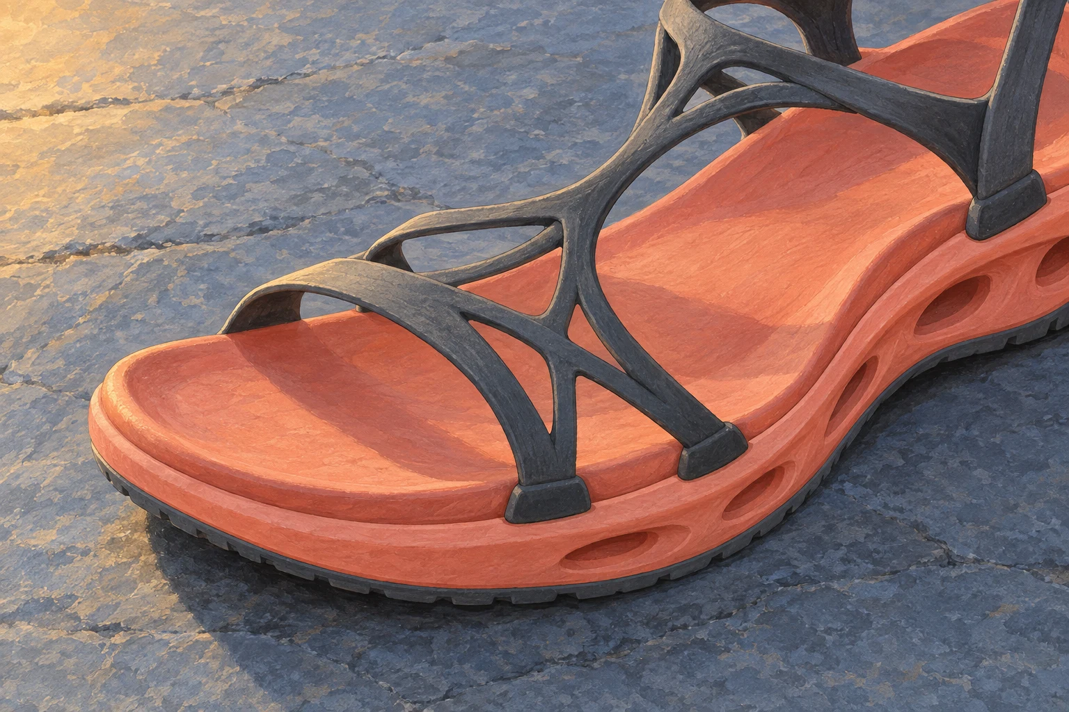 A coral-soled futuristic sandal with branching graphite straps rests diagonally on a textured blue stone terrace, its heel cropped beyond the upper-right edge.