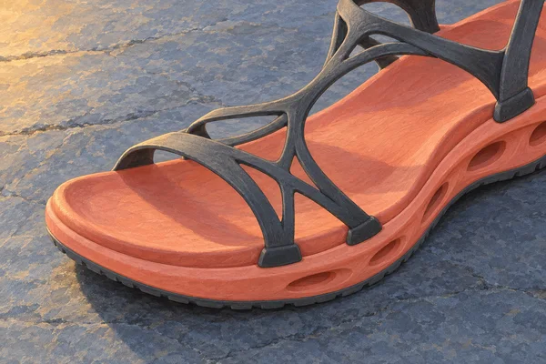 A coral-soled futuristic sandal with branching graphite straps rests diagonally on a textured blue stone terrace, its heel cropped beyond the upper-right edge.