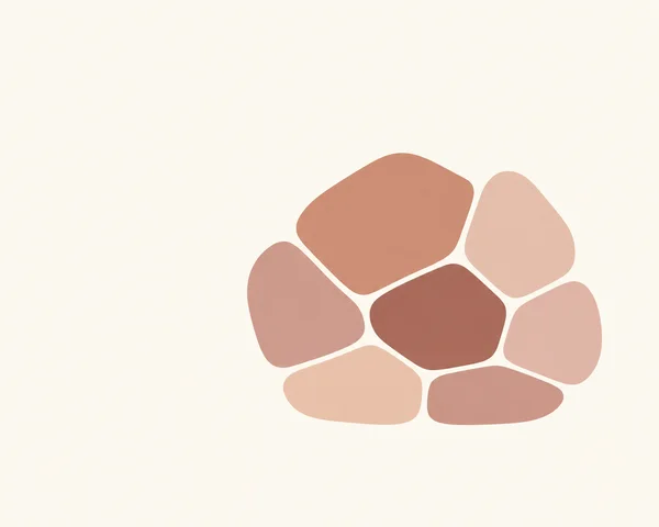 Seven softly rounded, irregular terracotta, peach and rose cells form a compact cluster on a warm ivory background, positioned right of center with broad open…