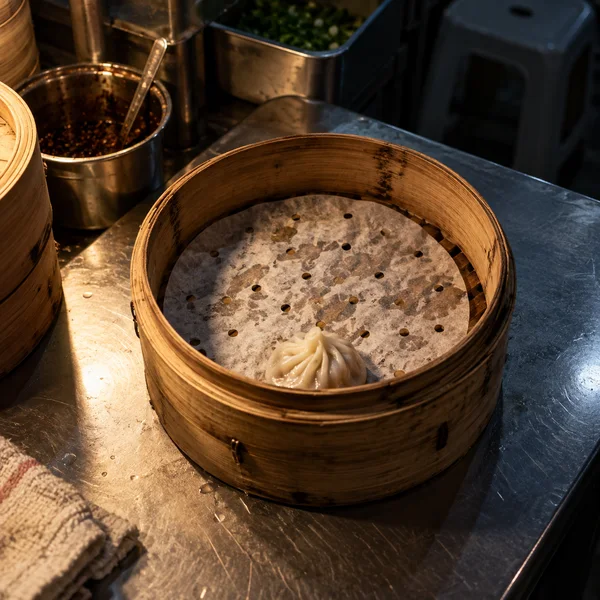 An open bamboo steamer with one pleated dumpling sits on a scratched stainless-steel counter under warm light, with metal containers and another steamer partly…