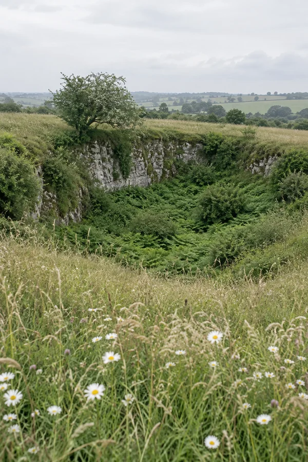 A fern-filled limestone sinkhole cuts through a summer meadow, with daisies and tall grasses in the foreground, a leaning tree at the rim, and hazy rolling…