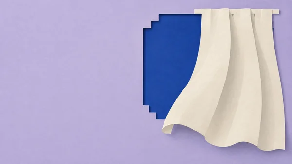 An ivory curtain billows across the right side of a cobalt-blue, stair-stepped window opening, set against a pale lavender wall with open space on the left.